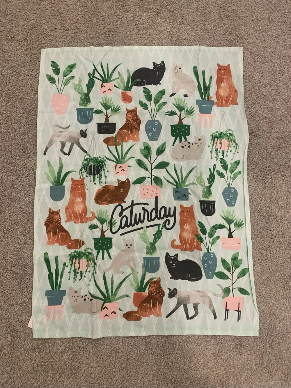 Anthropologie Caturday Cat Lovers Plants Graphic Cotton Tea Hand Towel NWOT